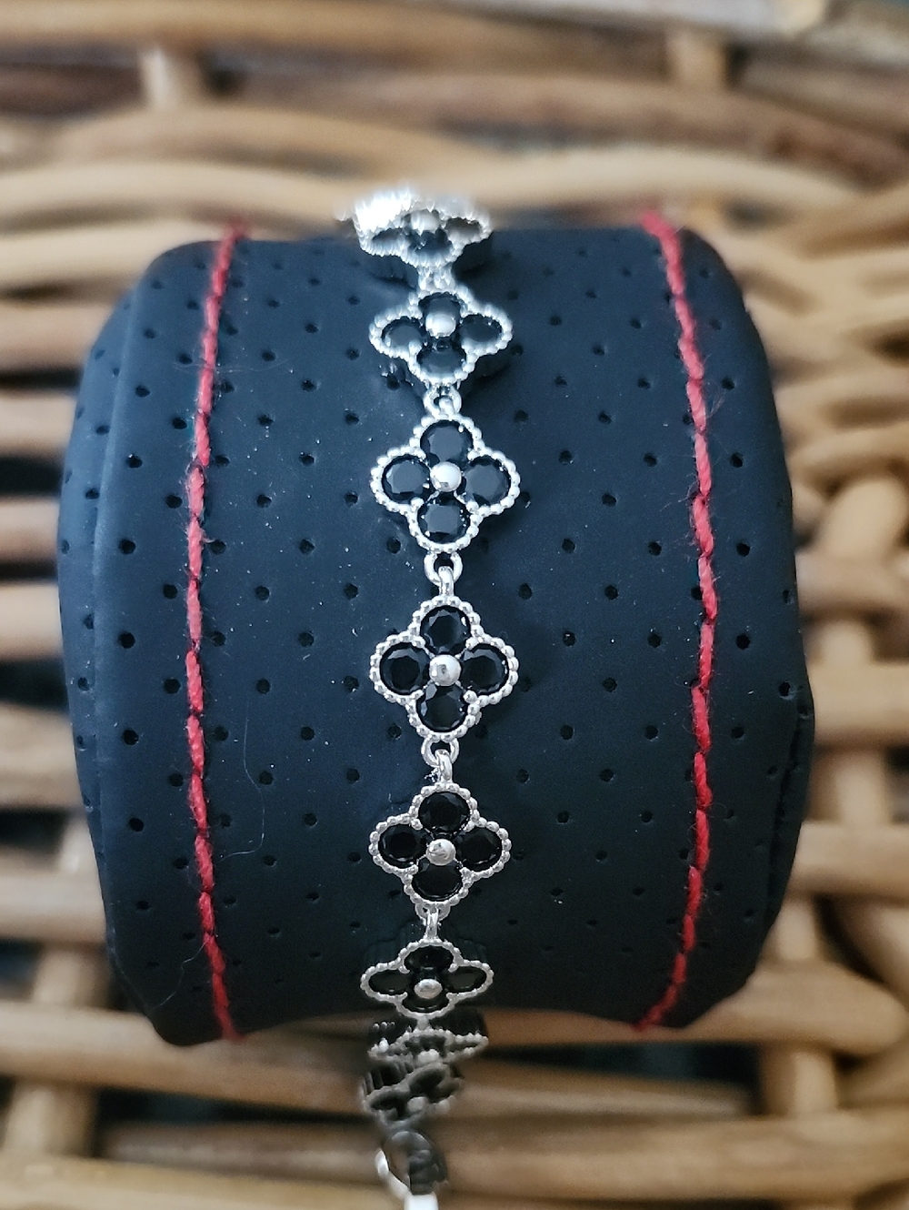 Silver Black Floral Link Bracelet - Women Jewelry